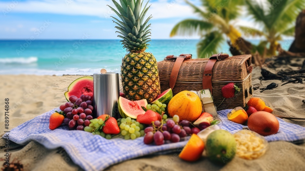 Summer picnic on the beach with tropical fruits. Summer picnic on the beach with tropical fruits.