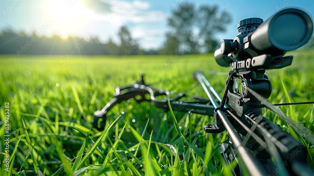 Crossbow with scope on grassy field during sunny day. Concept of archery, hunting, weapon, outdoor sport Crossbow with scope on grassy field during sunny day. Concept of archery, hunting, weapon, outdoor sport
