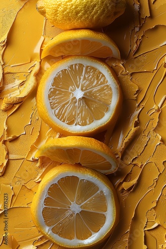 Slices of fresh lemon on a vibrant yellow textured background. photo