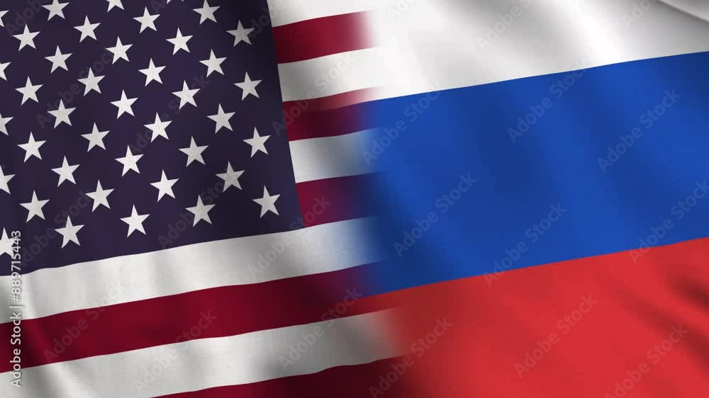 The diagonally aligned combined USA and Russia flags are waving in the wind. Realistic Slow Motion Animation. 4K Loop Motion Graphics. Concept of conflicts and tensions. The diagonally aligned combined USA and Russia flags are waving in the wind. Realistic Slow Motion Animation. 4K Loop Motion Graphics. Concept of conflicts and tensions.