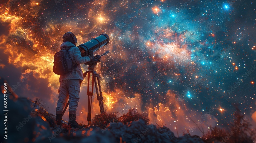 Fototapeta premium An astrophysicist observing the night sky through a powerful telescope
