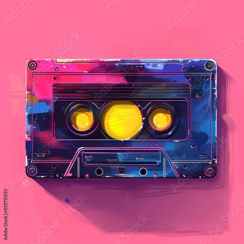 Retro musiccasette with retro colors eighties style, cassette tape,  art image illustration, mix tape retro cassette design, Music vintage and audio theme,  Synthwave and vaporwave, Generative AI photo