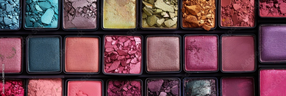 A close-up, top-down view of a colorful eyeshadow palette. The individual shades are arranged in a grid pattern, showcasing a variety of colors and textures A close-up, top-down view of a colorful eyeshadow palette. The individual shades are arranged in a grid pattern, showcasing a variety of colors and textures