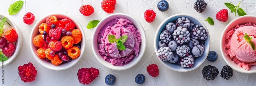 A close-up of four bowls filled with colorful frozen desserts, each topped with fresh berries and a sprig of mint leaves A close-up of four bowls filled with colorful frozen desserts, each topped with fresh berries and a sprig of mint leaves