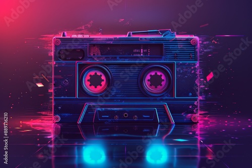 Retro musiccasette with retro colors eighties style, cassette tape,  art image illustration, mix tape retro cassette design, Music vintage and audio theme,  Synthwave and vaporwave, Generative AI photo