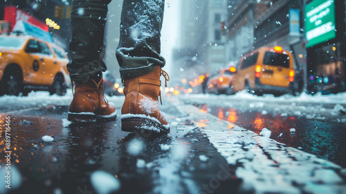 close up shot of someone wearing boots walking on the street in New York City during winter, there is snow falling and it is raining photo