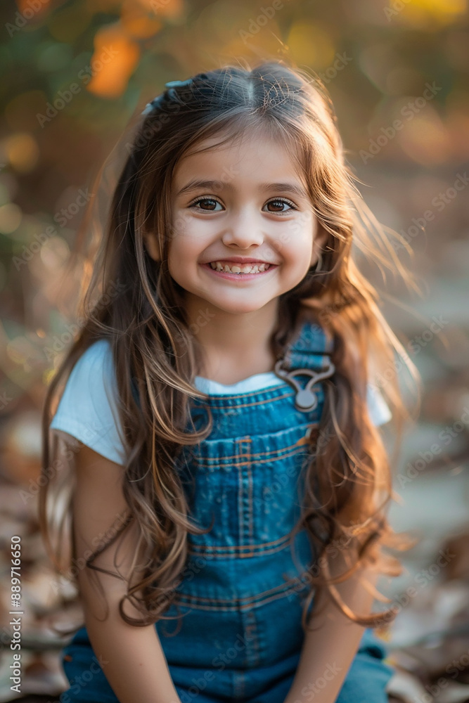 A young girl with long brown hair wearing a white t-shirt and denim overalls, smiling brightly while sitting outdoors with an autumn backdrop, showing joy and warmth. A young girl with long brown hair wearing a white t-shirt and denim overalls, smiling brightly while sitting outdoors with an autumn backdrop, showing joy and warmth.