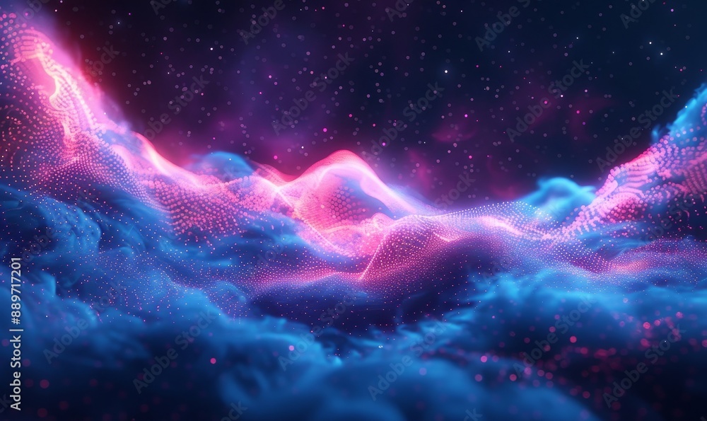 Obraz premium Synthwave wireframe net illustration with smoke or fog. Abstract digital background. 80s, 90s Retro futurism, Retro wave cyber grid. Deep space surfaces. Neon lights glowing. Starry, Generative AI