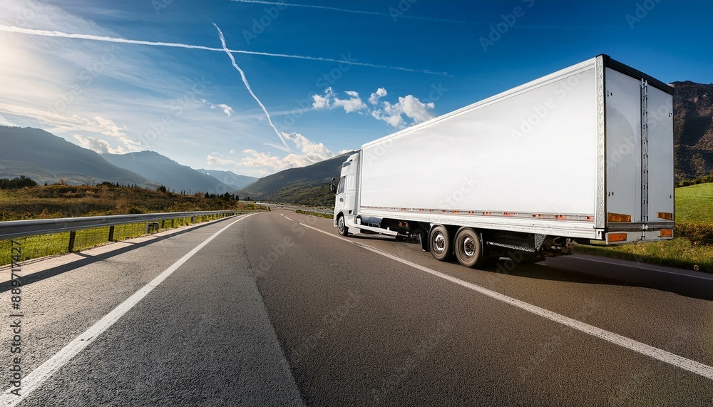 A large white truck going along the highway passing the mountain terrain A large white truck going along the highway passing the mountain terrain