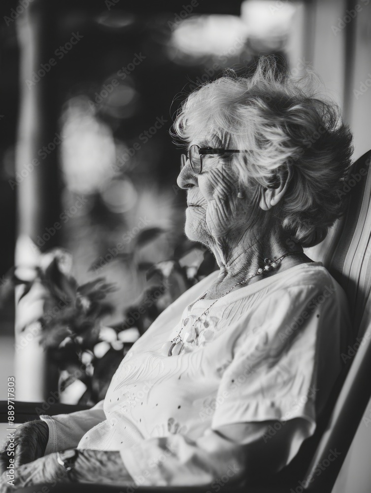 Fototapeta premium Older woman relaxing in a wooden rocking chair, perfect for senior lifestyle or family photography