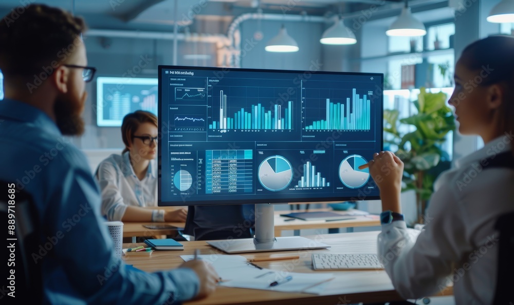 Company Operations Manager Holds Meeting Presentation. Diverse Team Uses TV Screen with Growth Analysis, Charts, Statistics and Data. People Work in Business, Generative AI Company Operations Manager Holds Meeting Presentation. Diverse Team Uses TV Screen with Growth Analysis, Charts, Statistics and Data. People Work in Business, Generative AI