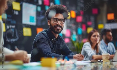 Business Team Discussing Strategy in a Meeting Room at the Office. Latin Male Designer Brainstorming with Heads of Departments and Deciding on a Marketing campaign for New Product, Generative AI