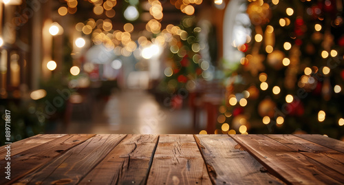 Mesa de madera sobre fondo desenfocado bokeh de decoración navideña,  con árbol de navidad, guirnaldas, concepto navidad