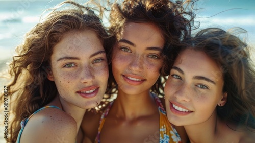 Three beautiful young women standing together on a sunny beach