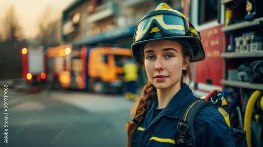 a female firefighter in uniform stands against the background of a fire truck a female firefighter in uniform stands against the background of a fire truck