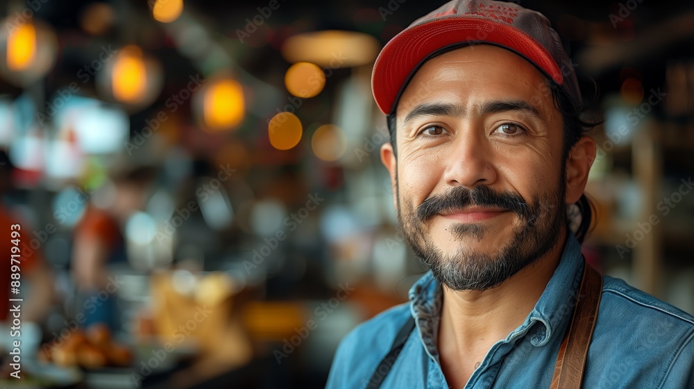 Portrait of a Man Wearing a Red Cap Smiling in a Restaurant Portrait of a Man Wearing a Red Cap Smiling in a Restaurant