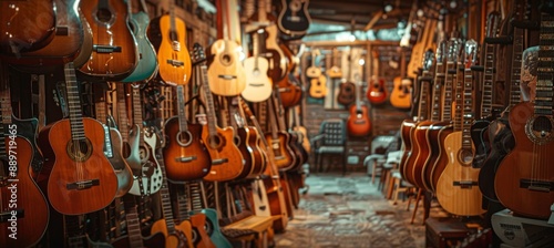 Vintage Guitar Shop with Diverse Collection of Guitars Perfect for Music Enthusiasts and Vintage Decor
