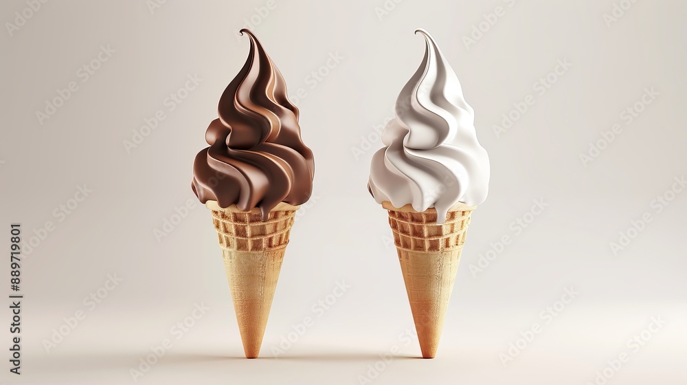 3D realistic vector icons of soft serve ice cream in wafer style cones depicting chocolate and vanilla varieties 3D realistic vector icons of soft serve ice cream in wafer style cones depicting chocolate and vanilla varieties