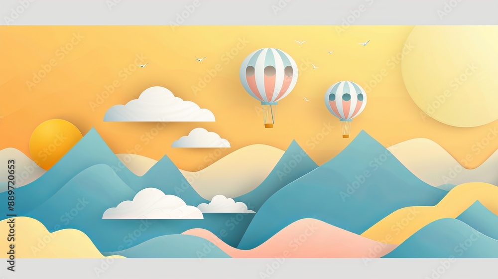 Abstract 3D paper cut template background featuring minimal geometric shapes and hot air balloons flying over mountains clouds and a pastel yellow sky Abstract 3D paper cut template background featuring minimal geometric shapes and hot air balloons flying over mountains clouds and a pastel yellow sky