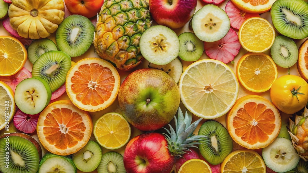 Vibrant collage of exotic fruits in a 16:9 frame, featuring pineapple, apple, and pear slices, accompanied by citric accents, bursting with freshness and color. Vibrant collage of exotic fruits in a 16:9 frame, featuring pineapple, apple, and pear slices, accompanied by citric accents, bursting with freshness and color.