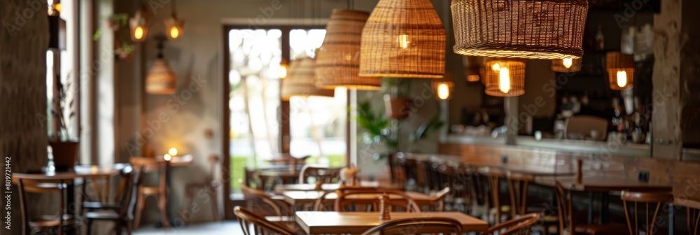 café with wicker basket lamps providing warm ambient lighting café with wicker basket lamps providing warm ambient lighting
