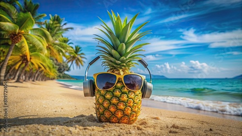 A colorful pineapple wearing trendy shades and headphones sits on a vibrant tropical beach, surrounded by lush greenery and warm golden sand. photo