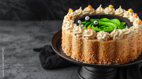 A detailed shot of a witch's cauldron cake with bubbling green frosting and candy eyes, on a dark cake stand, high-resolution photo, realistic photo photo