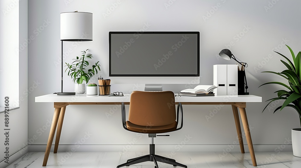 Elegant home office setup with a computer, stylish desk accessories, and a comfortable chair on a white background. 32k, full ultra HD, high resolution Elegant home office setup with a computer, stylish desk accessories, and a comfortable chair on a white background. 32k, full ultra HD, high resolution