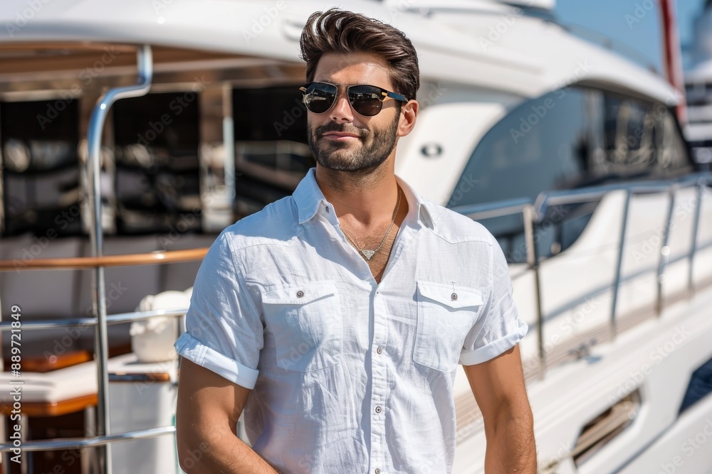 Man in white shirt and sunglasses on a luxury yacht embodying the lifestyle of high end maritime travel Man in white shirt and sunglasses on a luxury yacht embodying the lifestyle of high end maritime travel