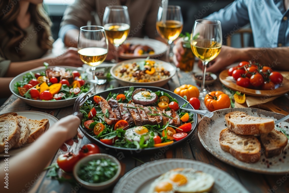 Dinner Table With Steak, Salad, Bread, and Wine Dinner Table With Steak, Salad, Bread, and Wine