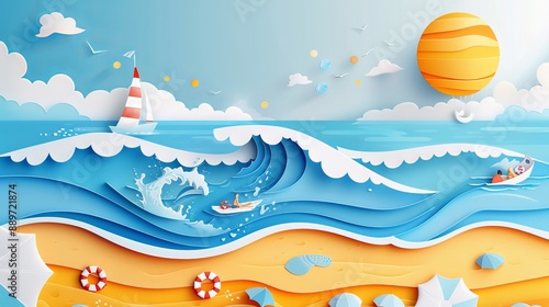Fototapeta Naklejka Na Ścianę i Meble -  Abstract paper art depicting a summer sea scenery with splashing seawater and beach equipment on the shore Crafted in vector illustration