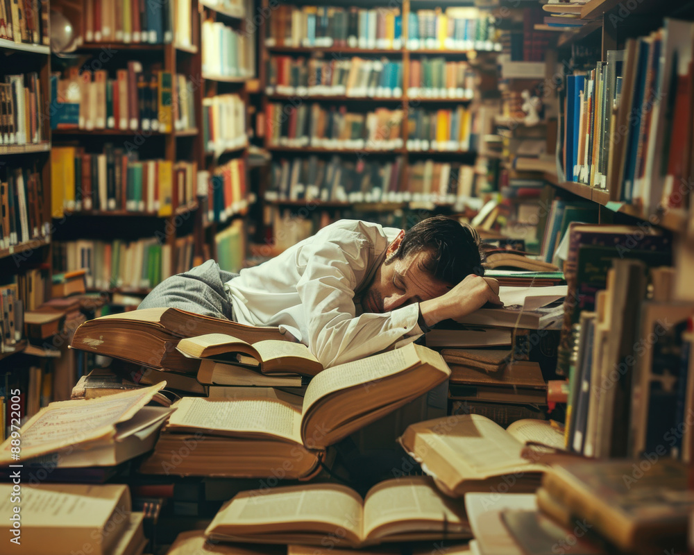 Person studying in a library but is asleep on a big book Person studying in a library but is asleep on a big book
