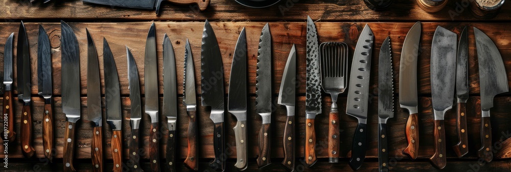A variety of kitchen knives and tools are laid out on a butcher block countertop, ready for preparing a meal A variety of kitchen knives and tools are laid out on a butcher block countertop, ready for preparing a meal