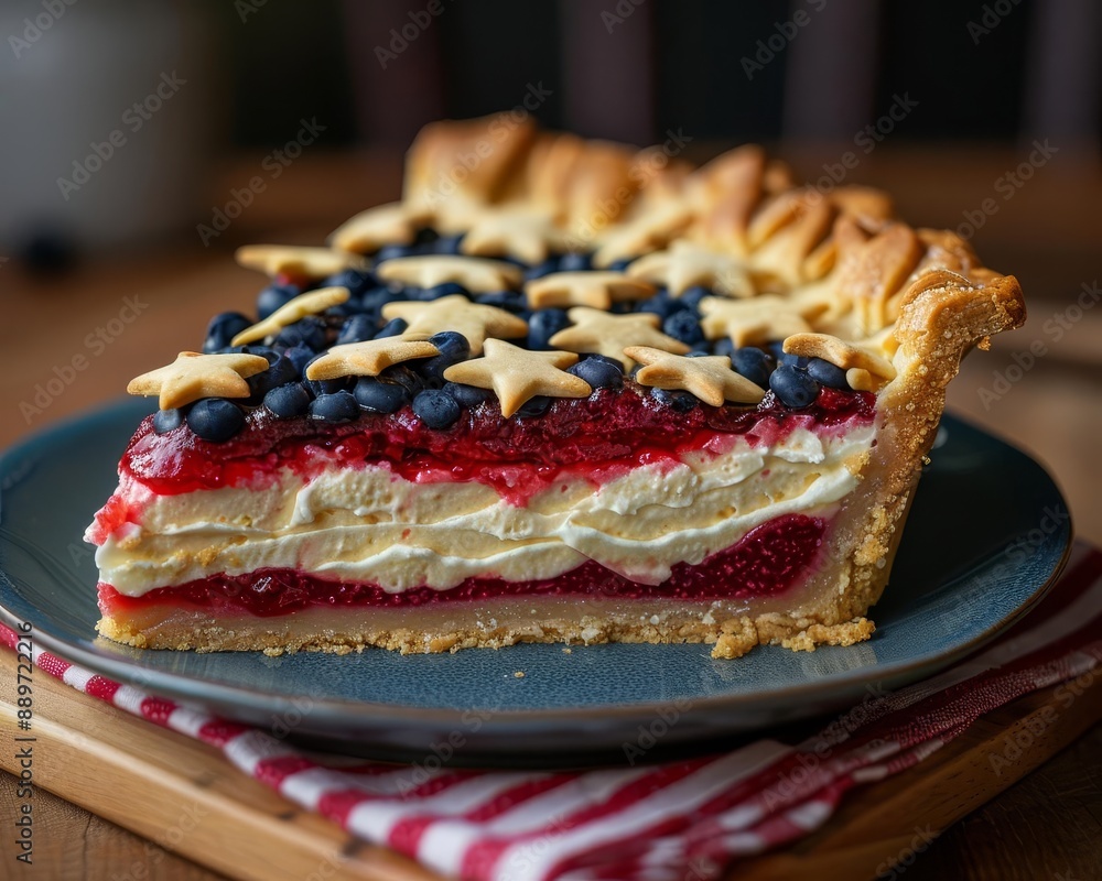 Closeup of a slice of pie with red, white, and blue filling, 4th of July, festive dessert Closeup of a slice of pie with red, white, and blue filling, 4th of July, festive dessert