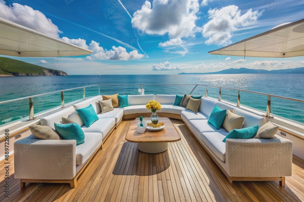 Fototapeta premium Luxurious yacht deck with sleek white furniture and ropes, adorned with turquoise ocean views, emulates a serene and indulgent summer getaway atmosphere.