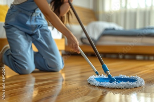 close-up photo of a happy female housekeeper meticulously mopping a hardwood floor in a well-lit bedroom. The image captures the dedication and attention to detail