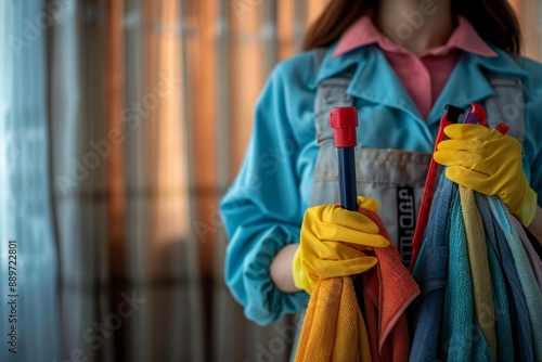 close-up portrait of a smiling female housekeeper wearing gloves and holding cleaning equipment, standing in a neatly arranged room with curtains in the background.