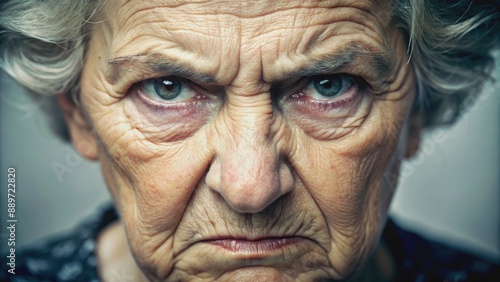 Furious elderly lady's intense gaze pierces through the frame, her scowling face and furrowed brows conveying outrage and hostility in a dramatic isolated close-up shot.