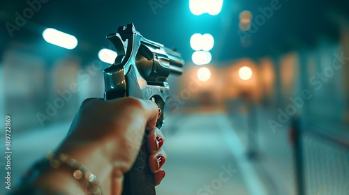 Close-up of a Woman Aiming a Revolver in a Shooting Range. Concept of Self-Defense, Firearms Training, Shooting Practice, Marksmanship