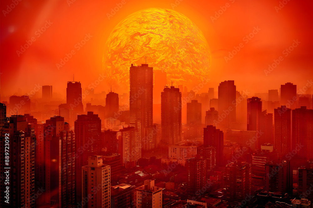 Fototapeta premium Dramatic Urban Heat Wave with Towering Skyscrapers and Vibrant Orange Sky