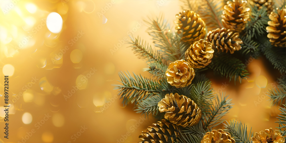 New Year's wreath with pine cones and spruce branches on yellow glowing background. Christmas and New Year greeting card. winter sales banner. New Year's wreath with pine cones and spruce branches on yellow glowing background. Christmas and New Year greeting card. winter sales banner.