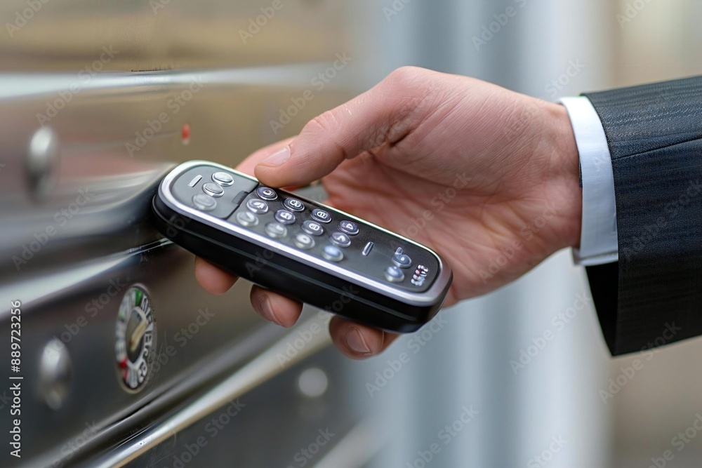 close-up photo of a businessperson's hand using a remote control to operate a security door system. close-up photo of a businessperson's hand using a remote control to operate a security door system.