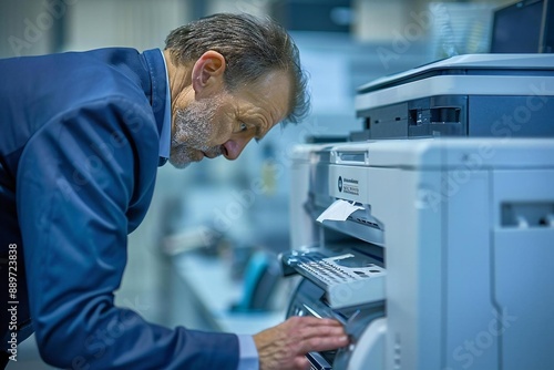 close-up shot of a frustrated businessman bending down to remove a stuck paper from the printer at his office.