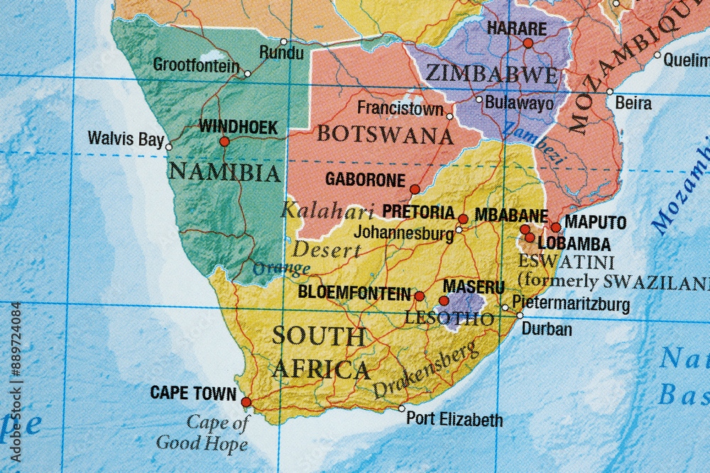 Fototapeta premium South Africa, Namibia, Botswana on the world map close-up
