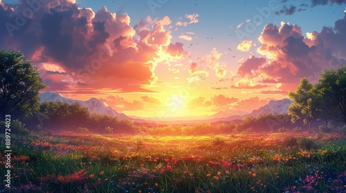 Scenic landscape with vibrant flowers and a tranquil sunset over distant mountains