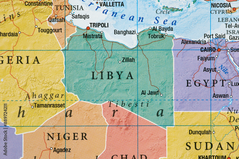 Naklejka premium Libya on the world map close-up