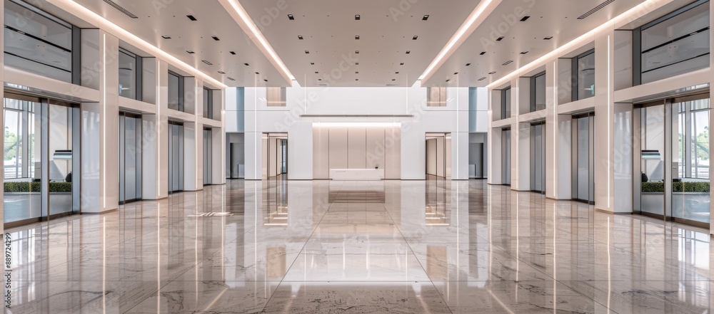 Obraz premium Office mockup with marble and wooden wall with large windows and sun shining through