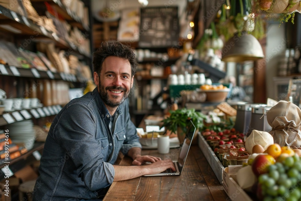 Man sitting at a table in a coffee shop, smiling at the camera while working on his laptop. The atmosphere is cozy and inviting, portraying a successful small business owner