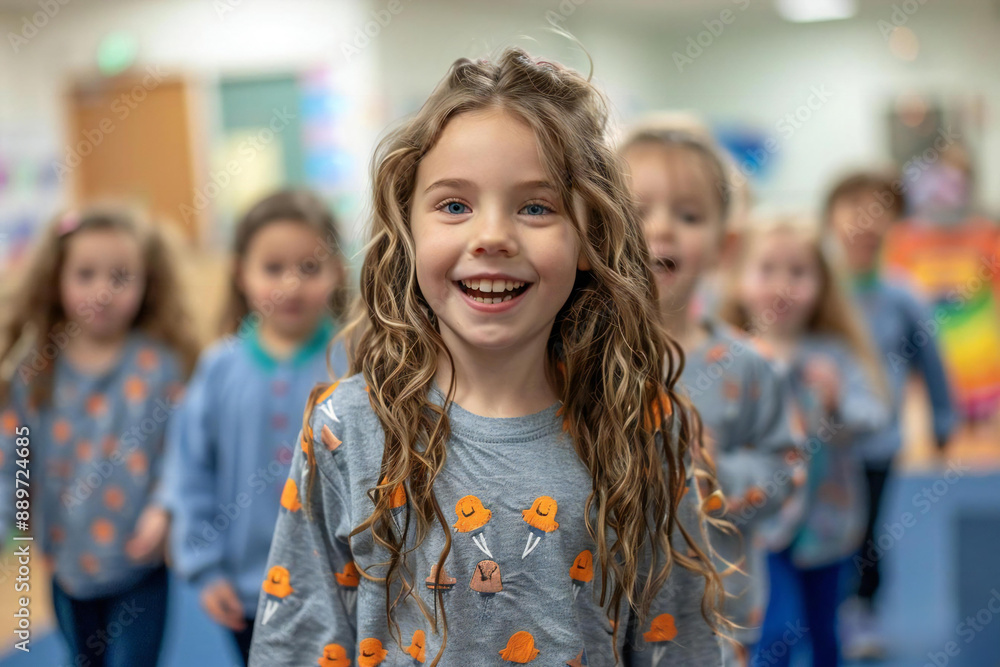 The teacher leading a group of preschool children in a song during music class. The teacher leading a group of preschool children in a song during music class.