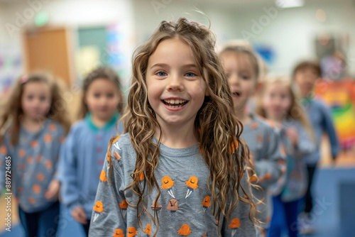 The teacher leading a group of preschool children in a song during music class.